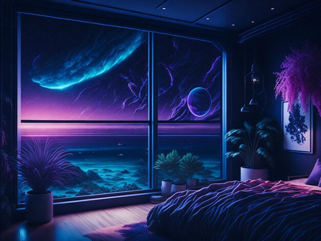 Wallpaper #EQM-YpMBpyOg8YnEZtLb184 Premium AI Image Futuristic Interior Room with Open View in
