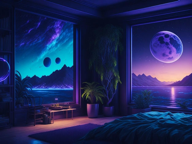 Wallpaper #EQM-YpMBpyOg8YnEZtLb252 Premium AI Image Futuristic Interior Room with Open View in