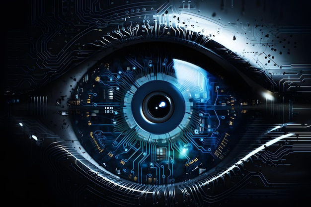 Wallpaper #vWdm9pIBSpphPi3-zYNc79 Premium AI Image Futuristic Robot Eye Technology Blue Digital Iris