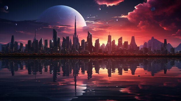 Wallpaper #n0JmPZMBOBpx0NhmrsSo210 Premium AI Image Futuristic City Skyline with a Reflection in the