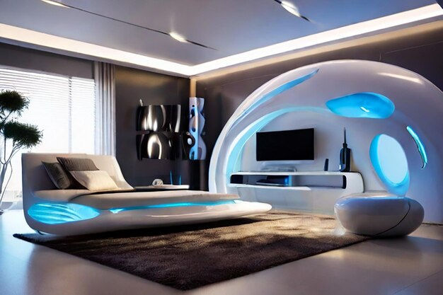 Wallpaper #EWc7-pIBSpphPi3-H5AG61 Premium AI Image Cyberpunk Living Room with Large White Couch Round
