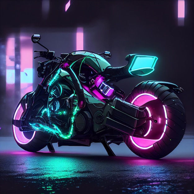 Wallpaper #3mf565IBSpphPi3-3E9y136 Premium Photo Cyberpunk Motorcycle or Motorbike in Street with Neon