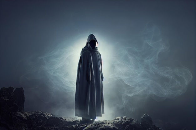 Wallpaper #YLixjJIBJvJKYCmEldMr37 Premium Photo Scary Figure in Hooded Cloak in the Dark 3D Render