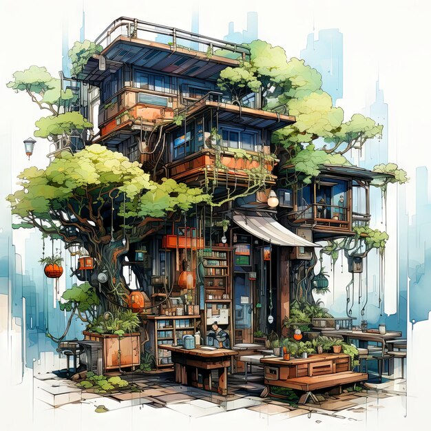 Wallpaper #jWdLE5MBSpphPi3-Rv-o48 Premium AI Image Watercolor Illustration of a Vintage Cafe Exterior a