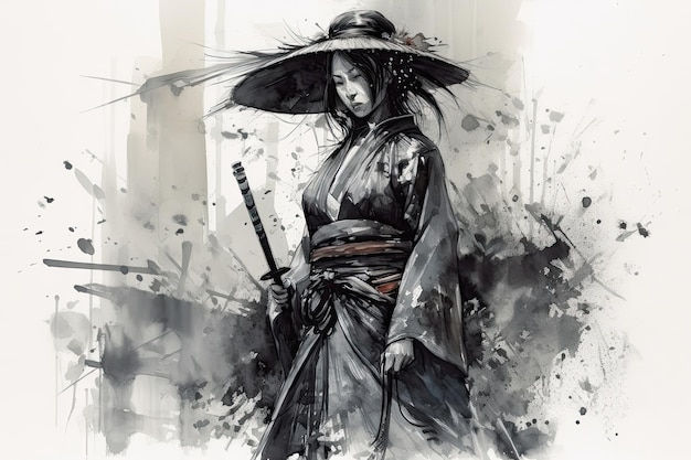 Wallpaper #-F7eMpMBborbLbczul_5202 Premium Photo the Ink Painting Depicts a Beautiful Female Samurai in