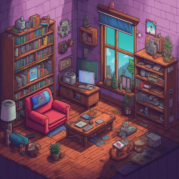 Wallpaper #y2d_9JIBSpphPi3-Tnrb53 Premium AI Image 16bit Pixel Art Room with TV and Books Generative AI