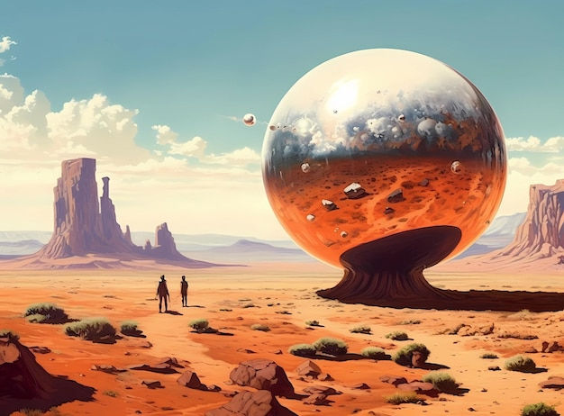 Wallpaper #h2jeIZMBSpphPi3-BDEJ217 Premium AI Image Pulp Science Fiction Desert Landscape Chrome Sphere