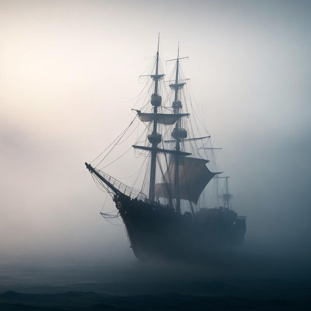 Wallpaper #Lmds-ZIBSpphPi3-8I34195 Premium AI Image a Pirate Ship Navigating Through Dense Fog