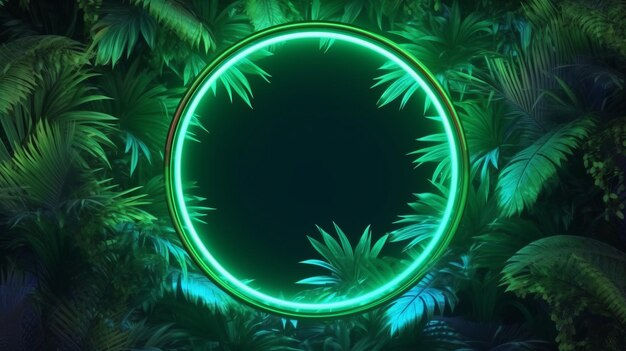 Wallpaper #aWjwE5MBSpphPi3-TAKb163 Premium AI Image Jungle Creative Neon Light Cyber Frame on Fresh Palm