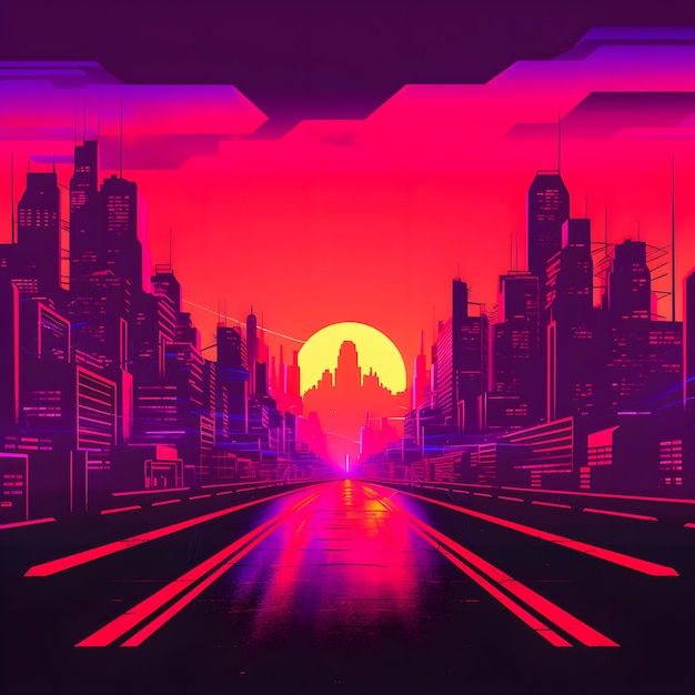 Wallpaper #rTtTcJcBSWmA-tzpvo8B26 Premium Photo Easy Over Cyberpunk Sunset Synthwaveinspired Art with