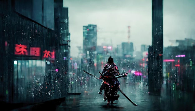 Wallpaper #UGgLFpMBSpphPi3-SQpR81 Premium Photo Samurai on the Background of the Night Neon City Rain