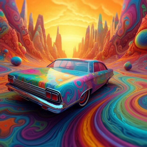 Wallpaper #FZ-lWJMBcUVgGJNowrHu1 Premium AI Image Psychedelic Car in a Psychedelic Landscape with a