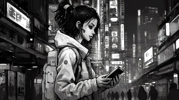 Wallpaper #RDuBb5cBSWmA-tzpuo_C81 Premium AI Image a Cyberpunk Journalist Manga City Ink AI Generate