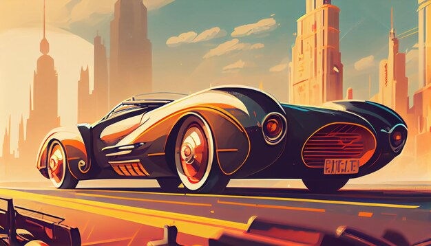 Wallpaper #TzGVNZMB5zzyi_yYJ1cv188 Retro Futuristic Sports Car on the Future City Background Landscape