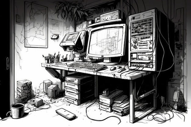 Wallpaper #o4sodJcBcm9NJah-bXV_93 Premium AI Image Basement Sketch with Hacker Setup and Various