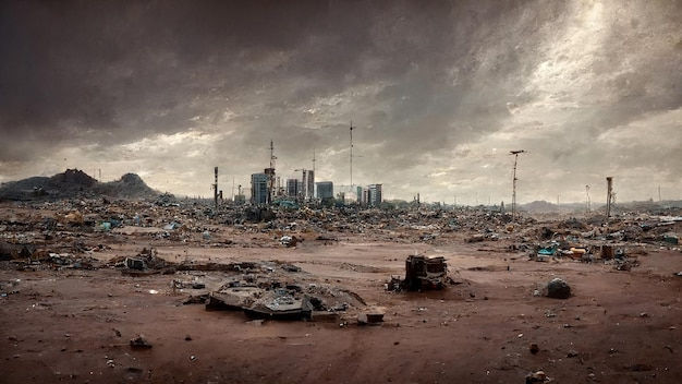 Wallpaper #uWhoHJMBSpphPi3-SyK8187 City Landfill in Wasteland Scifi Post Apocalyptic Panoramic Art