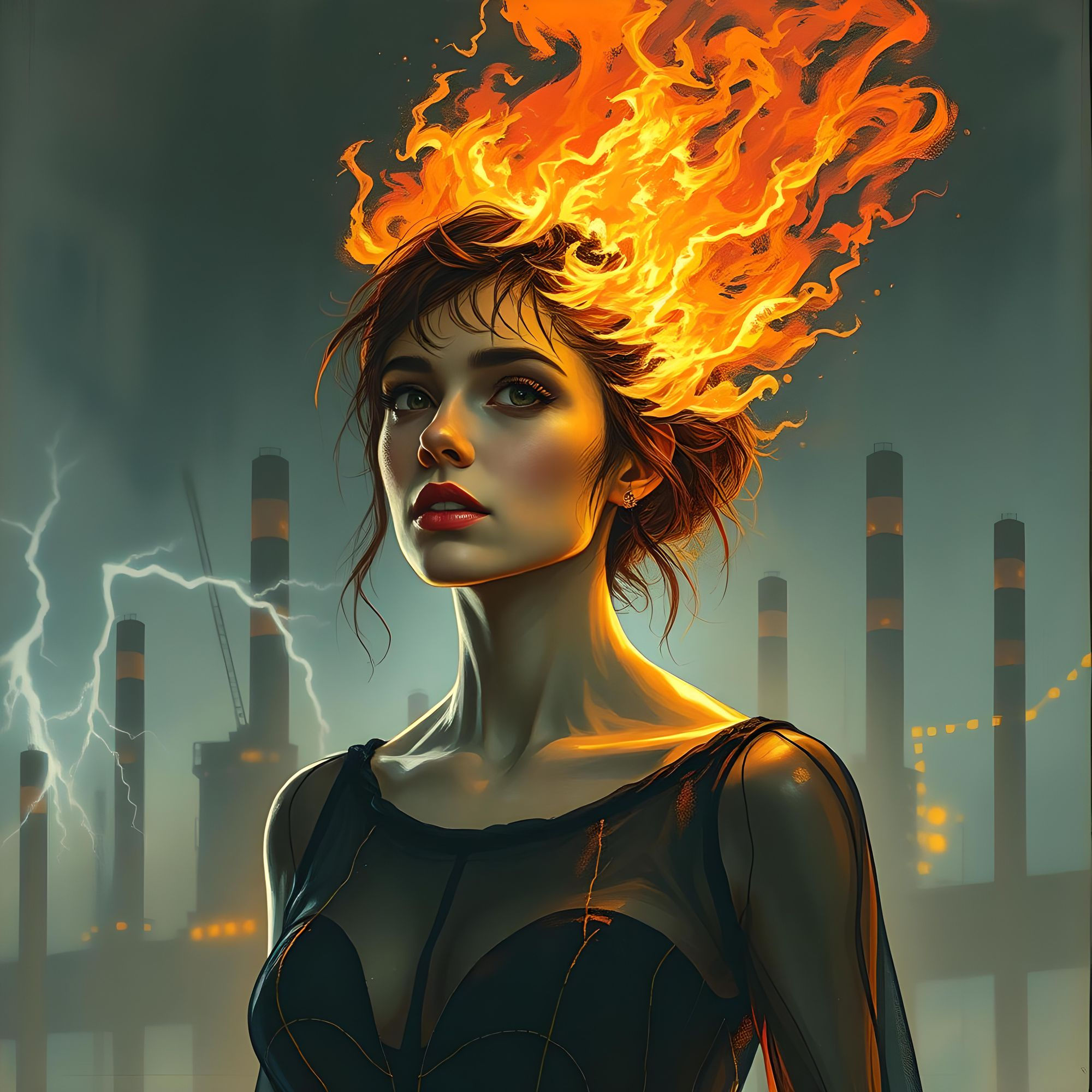 Wallpaper #NWcH9pIBSpphPi3-kYJt226 Portrait Lightning Biopunk Bridesmaid Hair Aflame Dystopian Factory