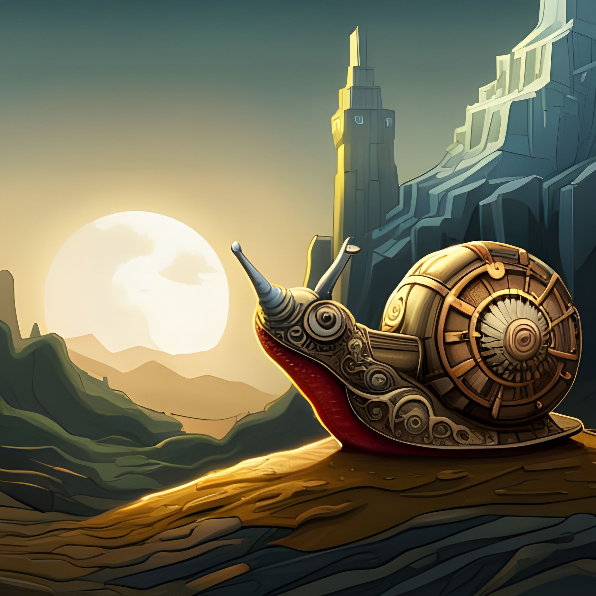 Wallpaper #7DE0NZMB5zzyi_yYk1WD63 Steampunk Snail Admiring the Sunset AI Generated Artwork Nightcafe
