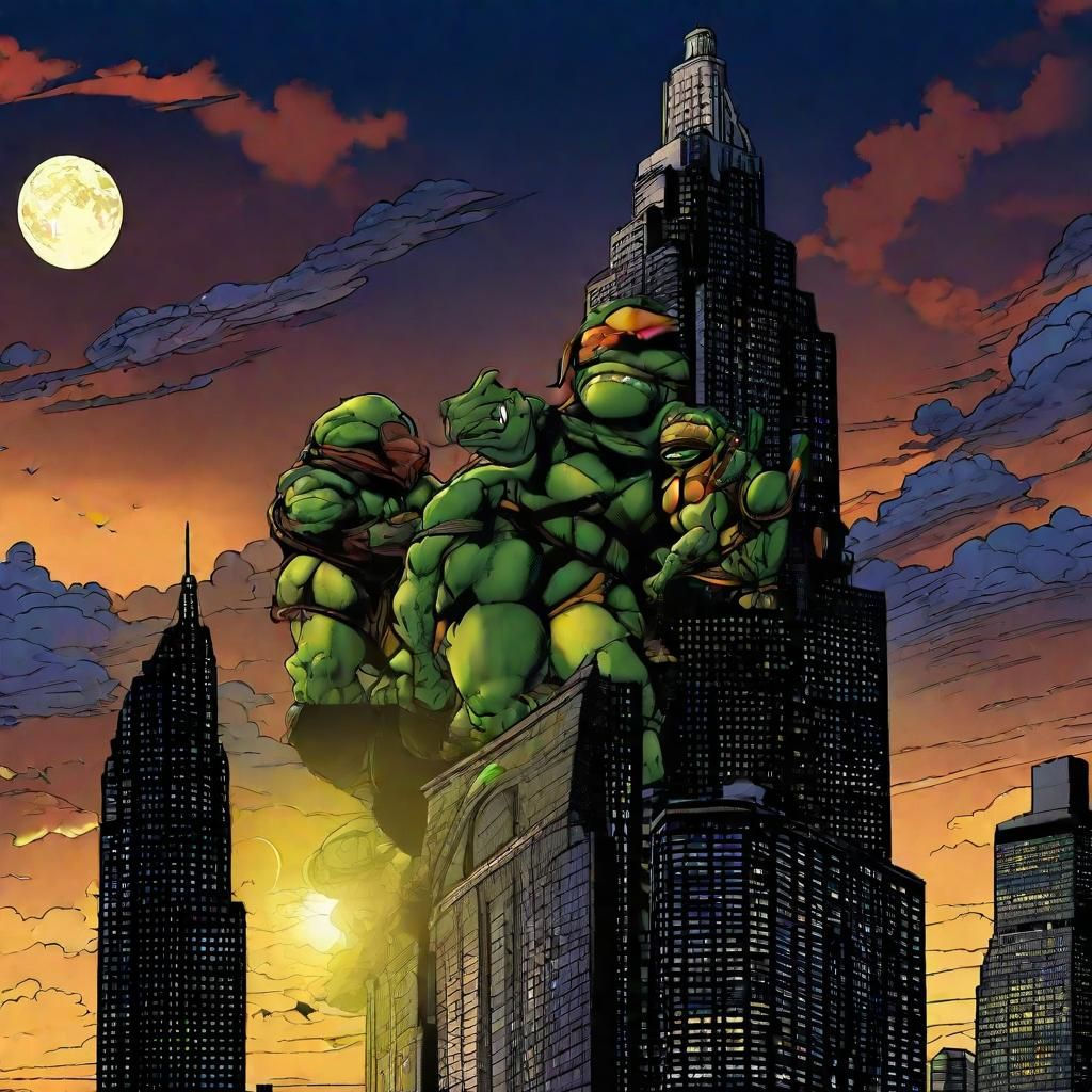Wallpaper #gWj1E5MBSpphPi3-QwKs194 Tmnt Overlooking Gotham City with Bat Signal in the Sky and Turtle