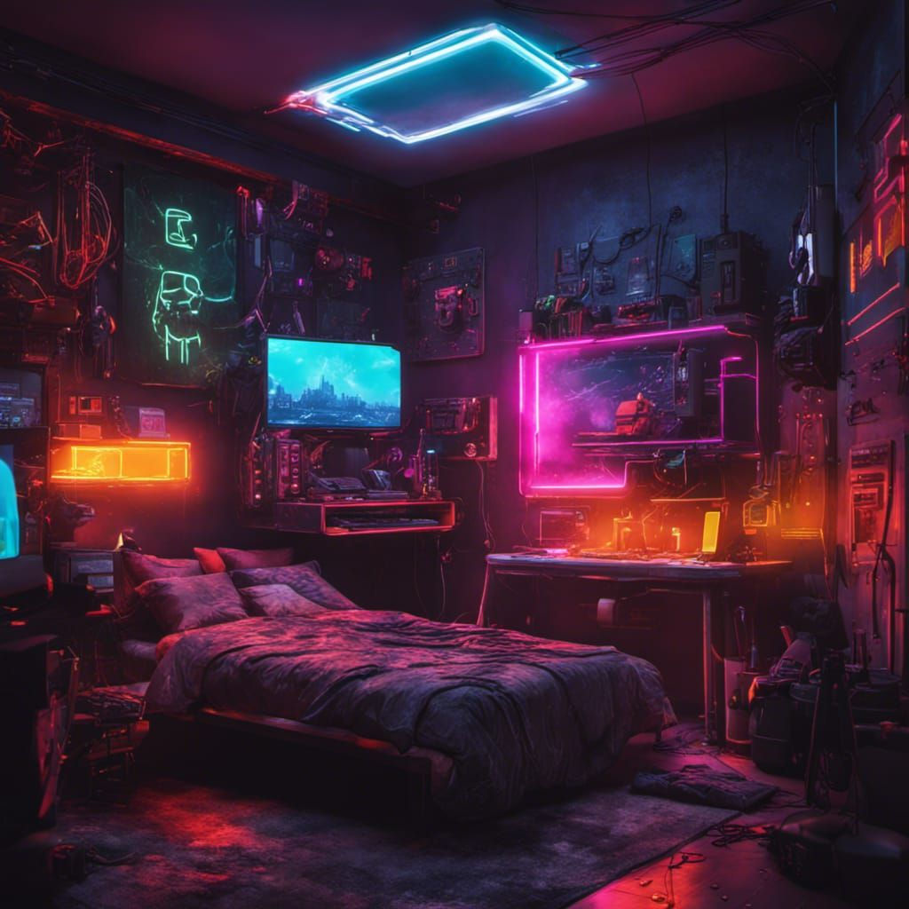 Wallpaper #rGf2-pIBSpphPi3-35I231 Cyberpunk Gaming Setup Bedroom with Neons and Colourful Lights