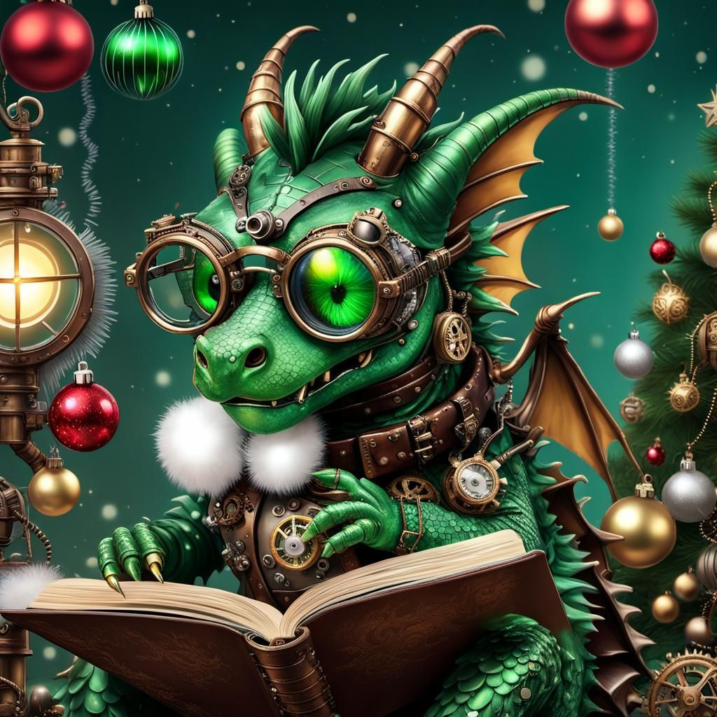 Wallpaper #MGh_F5MBSpphPi3-Ow_u200 Jolly Steampunk Dragon in Christmas Library AI Generated Artwork
