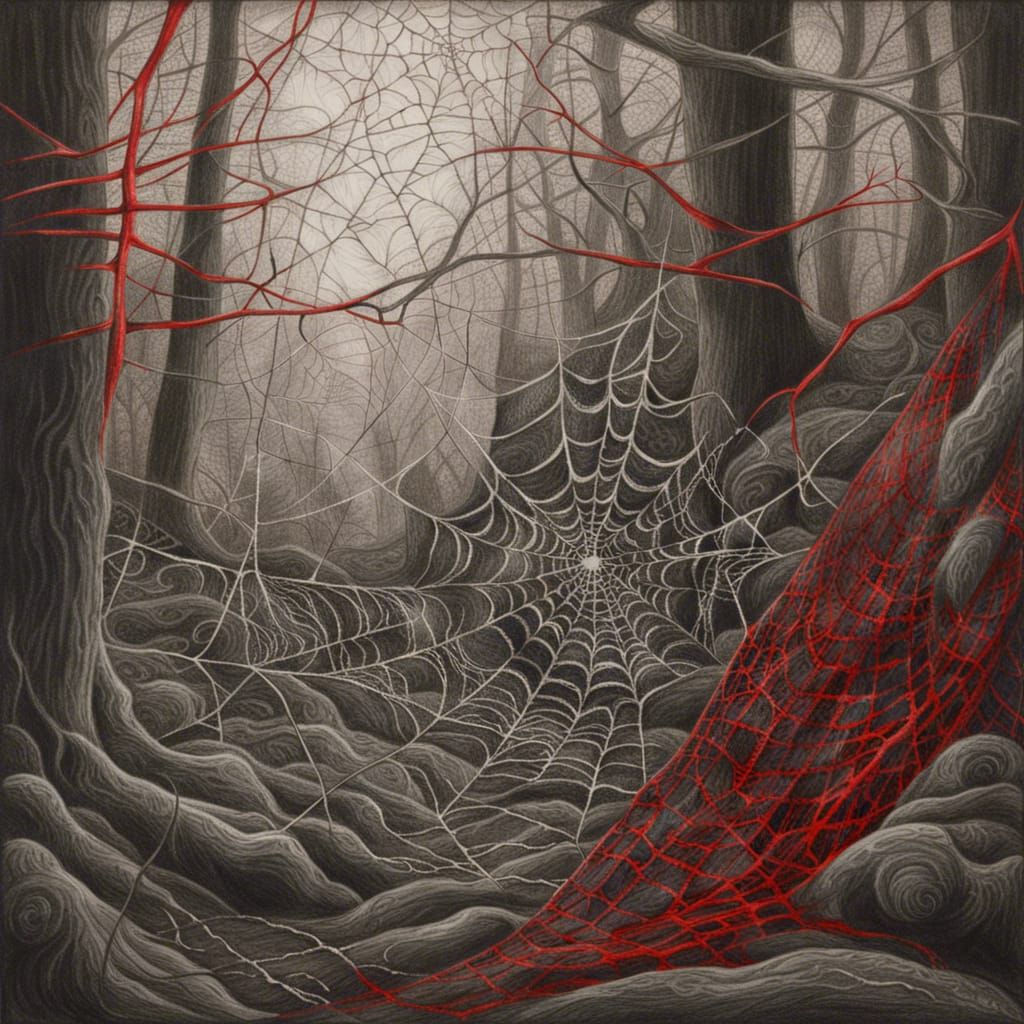 Wallpaper #mWf1-JIBSpphPi3-LItN193 Haunted Forest Spiders and Spiderwebs Red Accents Hyperdetailed