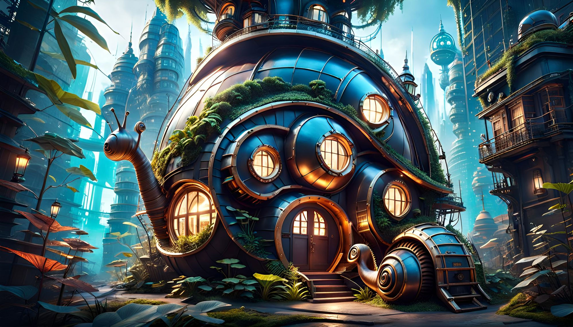 Wallpaper #7DE0NZMB5zzyi_yYk1WD165 Steampunk Fantasy Snail Shaped House AI Generated Artwork Nightcafe