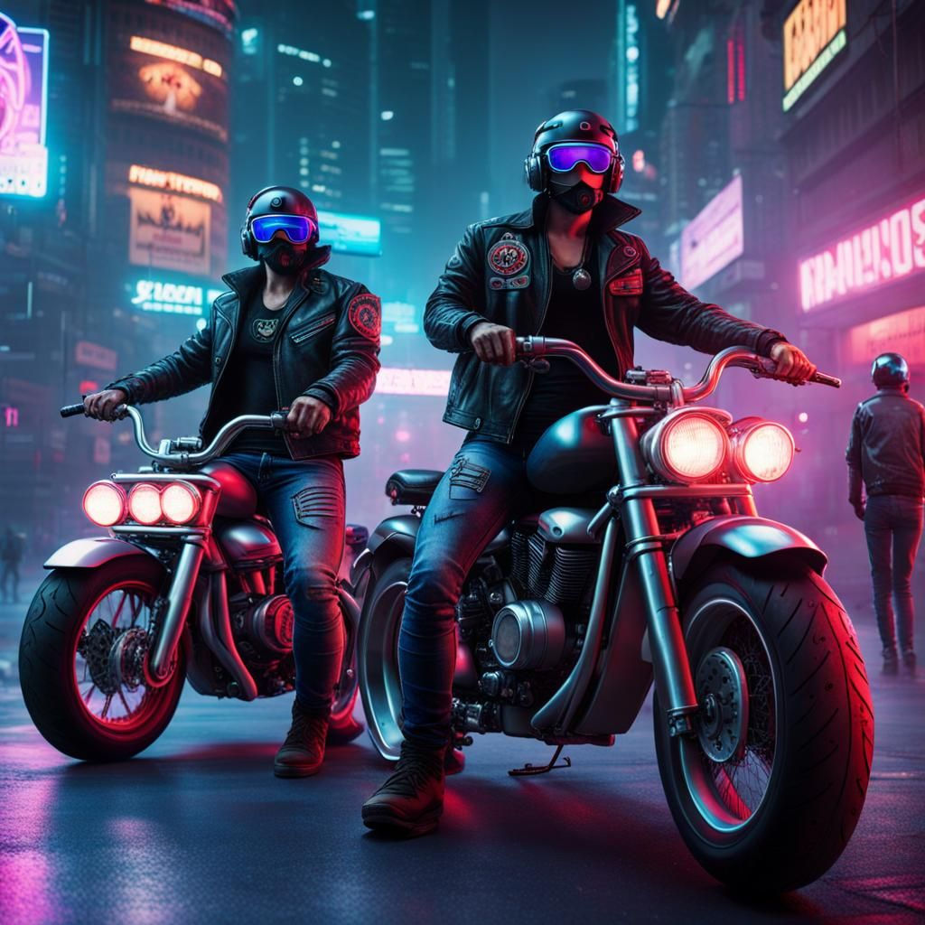 Wallpaper #3mf565IBSpphPi3-3E9y146 Cyberpunk Biker Gang on Cruiser Motorbikes AI Generated Artwork