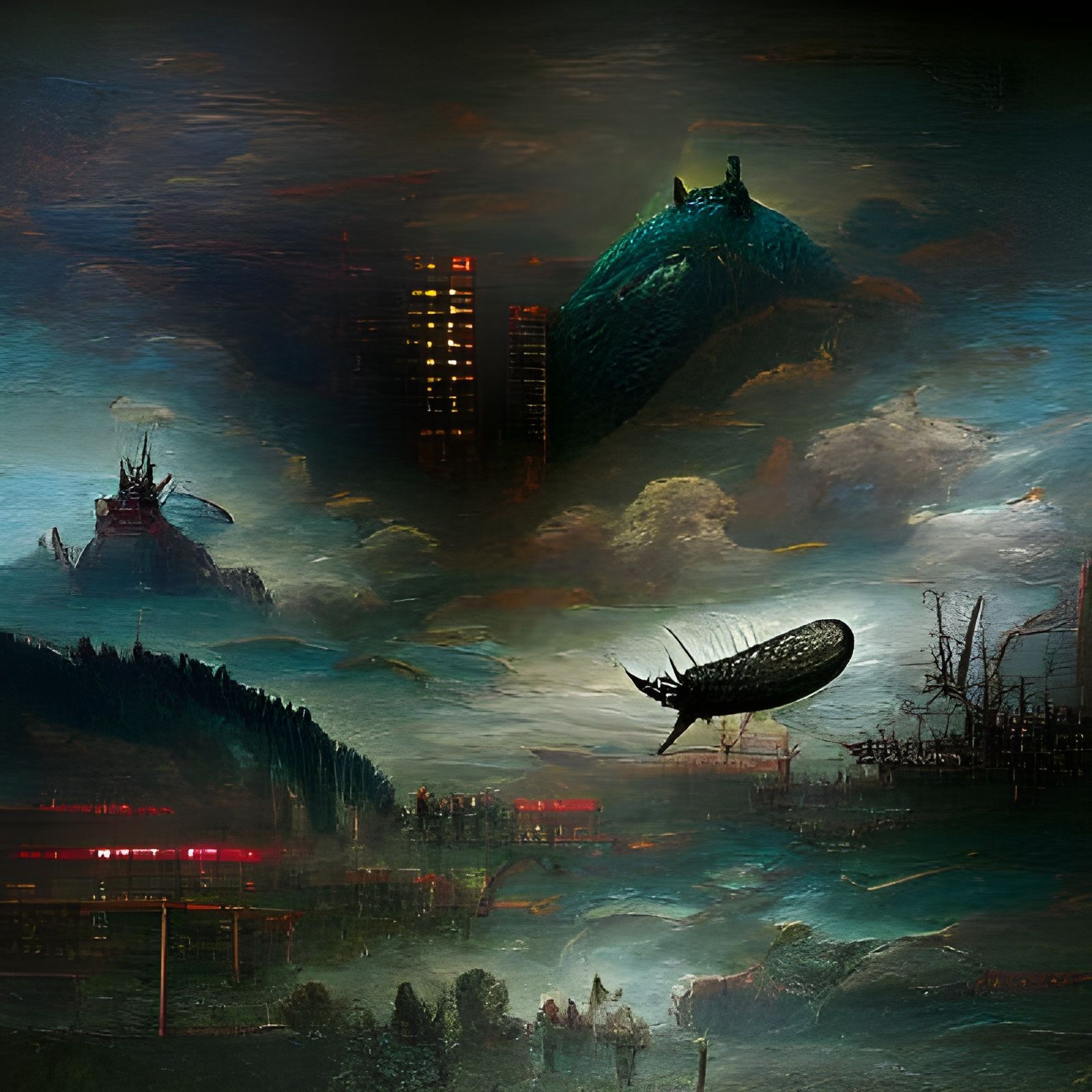 Wallpaper #y2gfHJMBSpphPi3-gSGc27 A Landscape Full of Cyberpunk Skyscrapers and Airships with Billboards