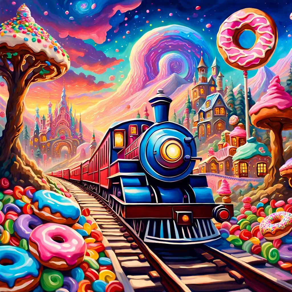 Wallpaper #xqU8MpMB0vj5YdARJtON192 Train Passing Through Candy Donut Land AI Generated Artwork