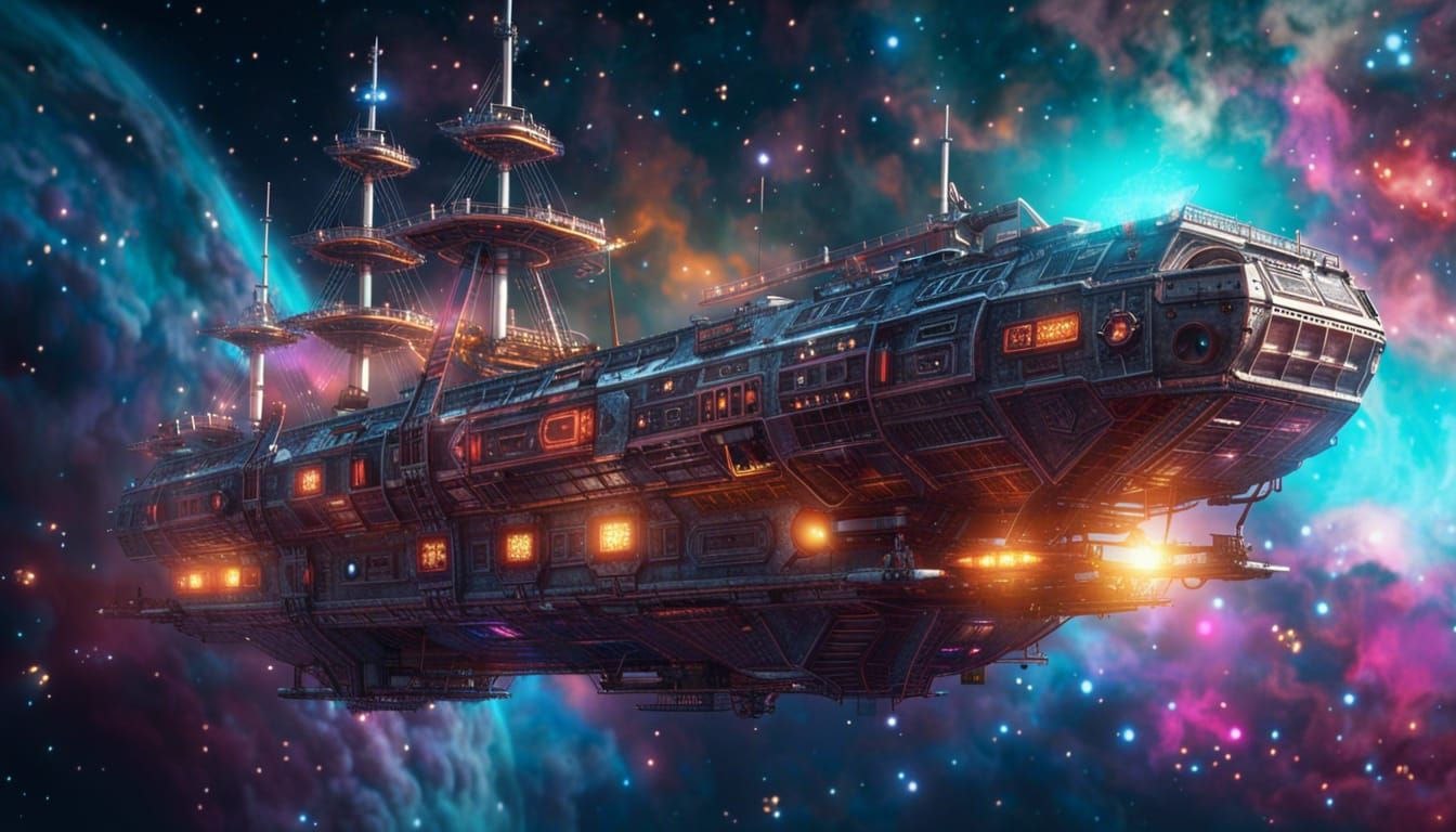 Wallpaper #7n1o9Y4Bnwiau_P6UBE111 Cyberpunk Pirate Ship in Space Discovers a Quasar AI