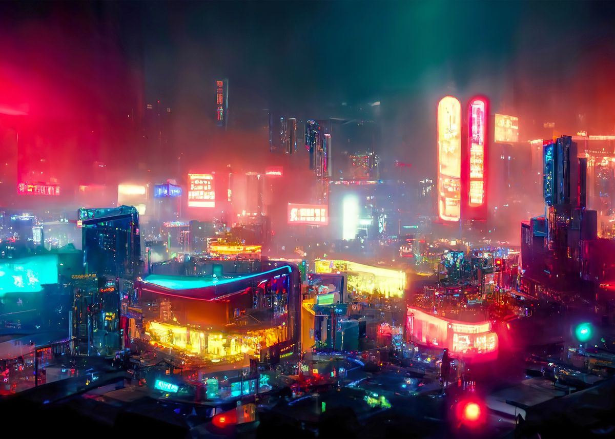 Wallpaper #F2ch7JIBSpphPi3-8lH925 Cyberpunk Neon City Poster by 80s Retro Displate