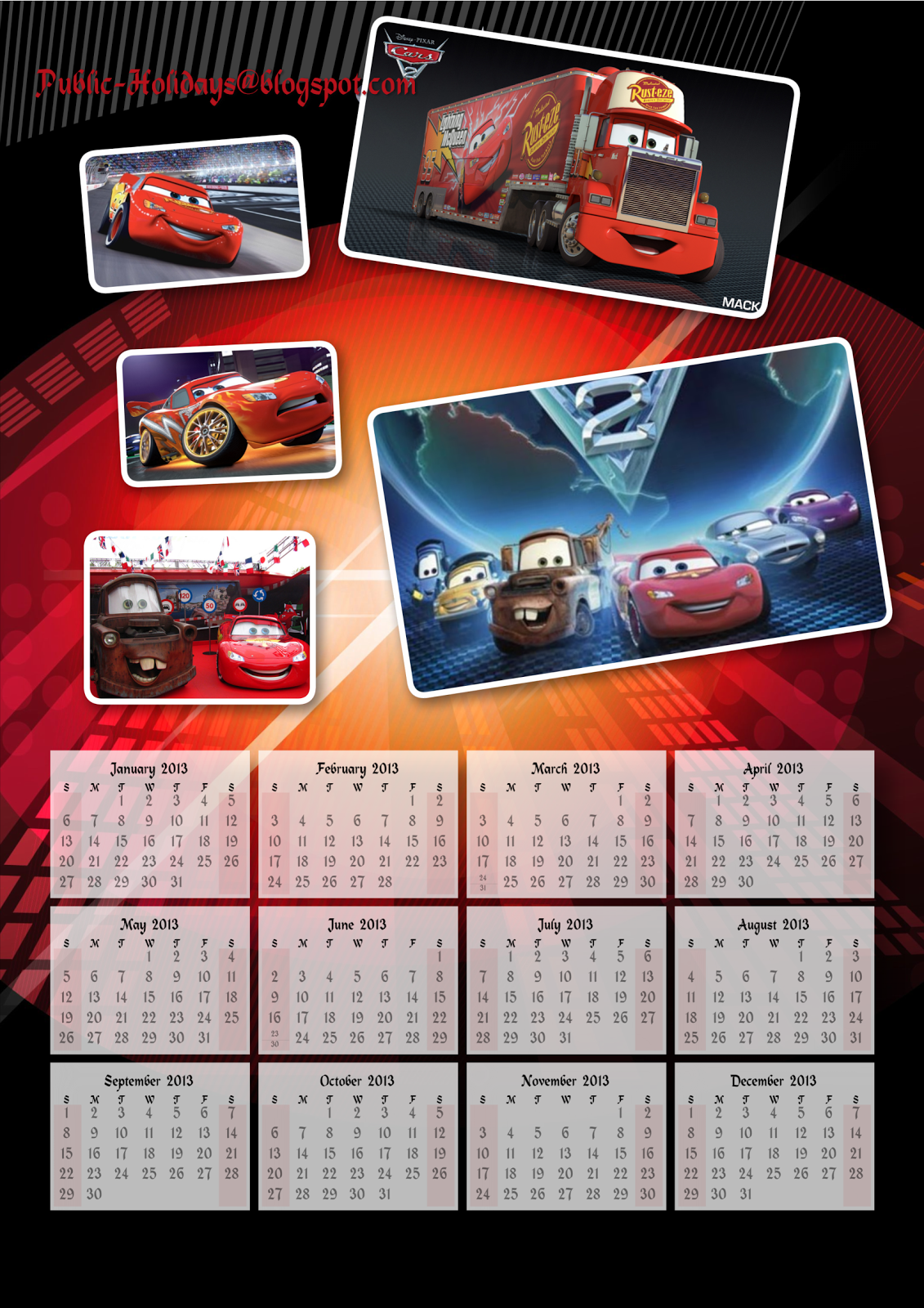 Wallpaper #MWjzI5MBSpphPi3-uTfl34 Public Holidays Calendar 2013 with Weeks Cars 2 Theme
