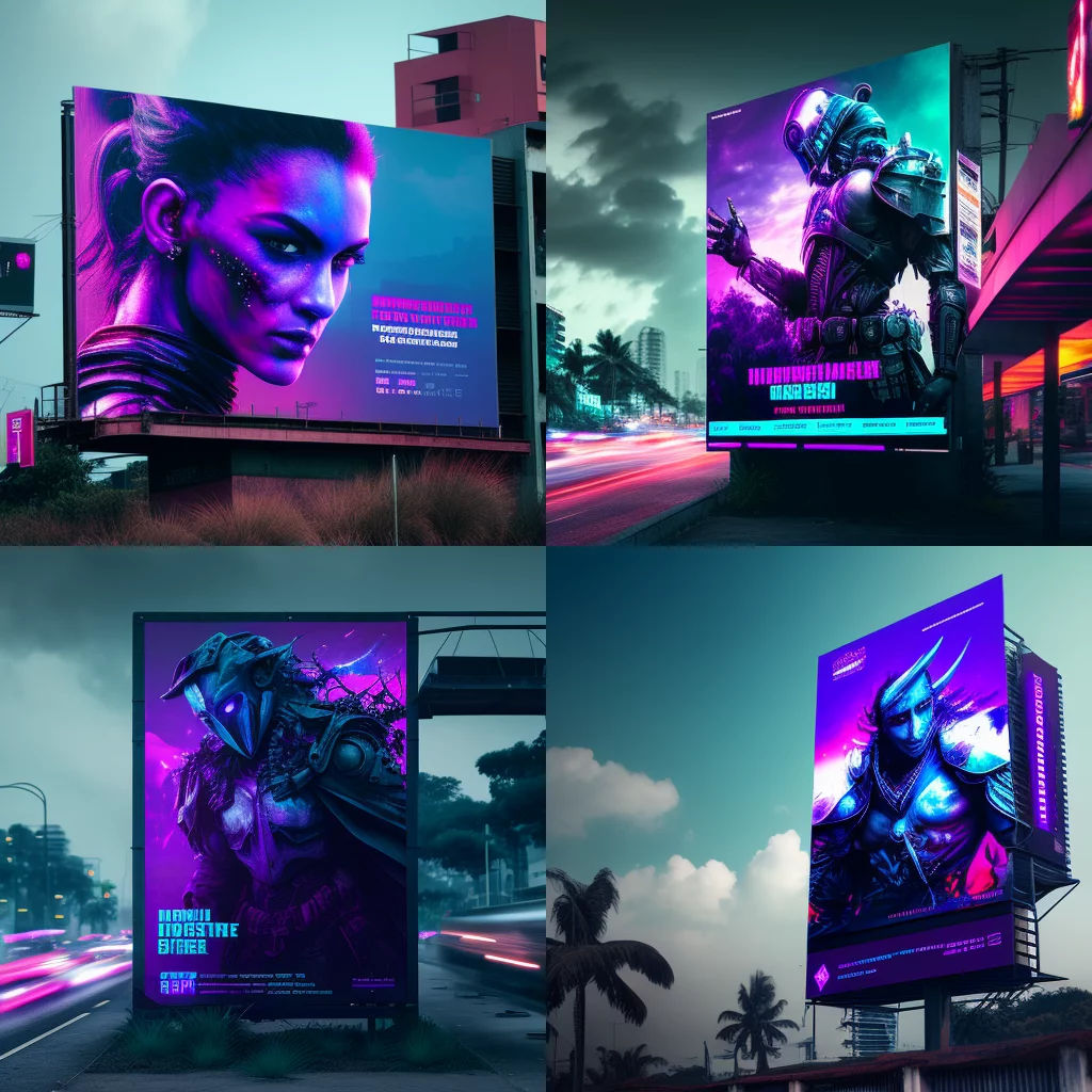Wallpaper #fAAb6o4BSdW8dNouzQ5-14 Prompt Billboard Ad of Cyberpunk Future in Kerala with Purple Blue Red