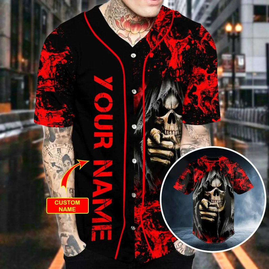 Wallpaper #12df7JIBSpphPi3-dlJx208 Bloody Grim Reaper Pointing Skull Custom Baseball Jersey Skull