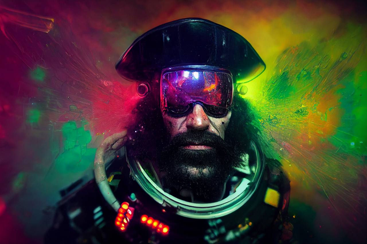 Wallpaper #4HKOMpMBX2lk1u3ok1r-106 Angry Cyborg Blackbeard Pirate Full Body in Space Lsd Acrylic