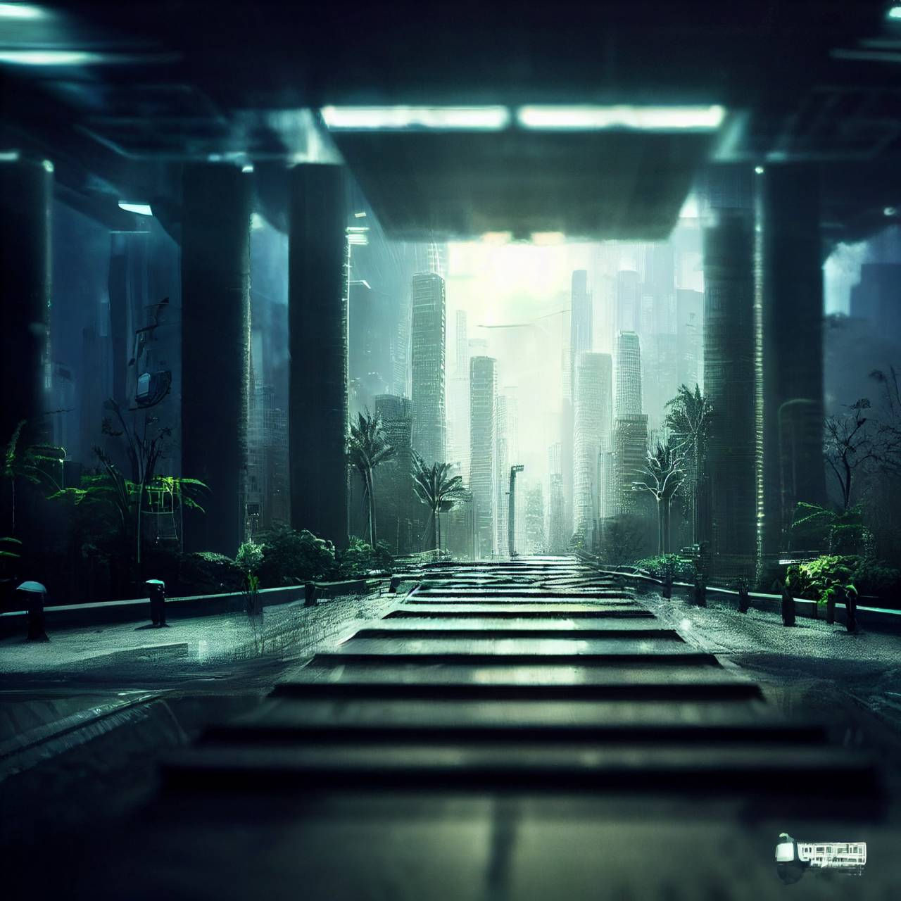 Wallpaper #dkWNj44B7YBJg1BVkp3G16 Futuristic Cyberpunk City with Forest and Plants Growing Everywhere