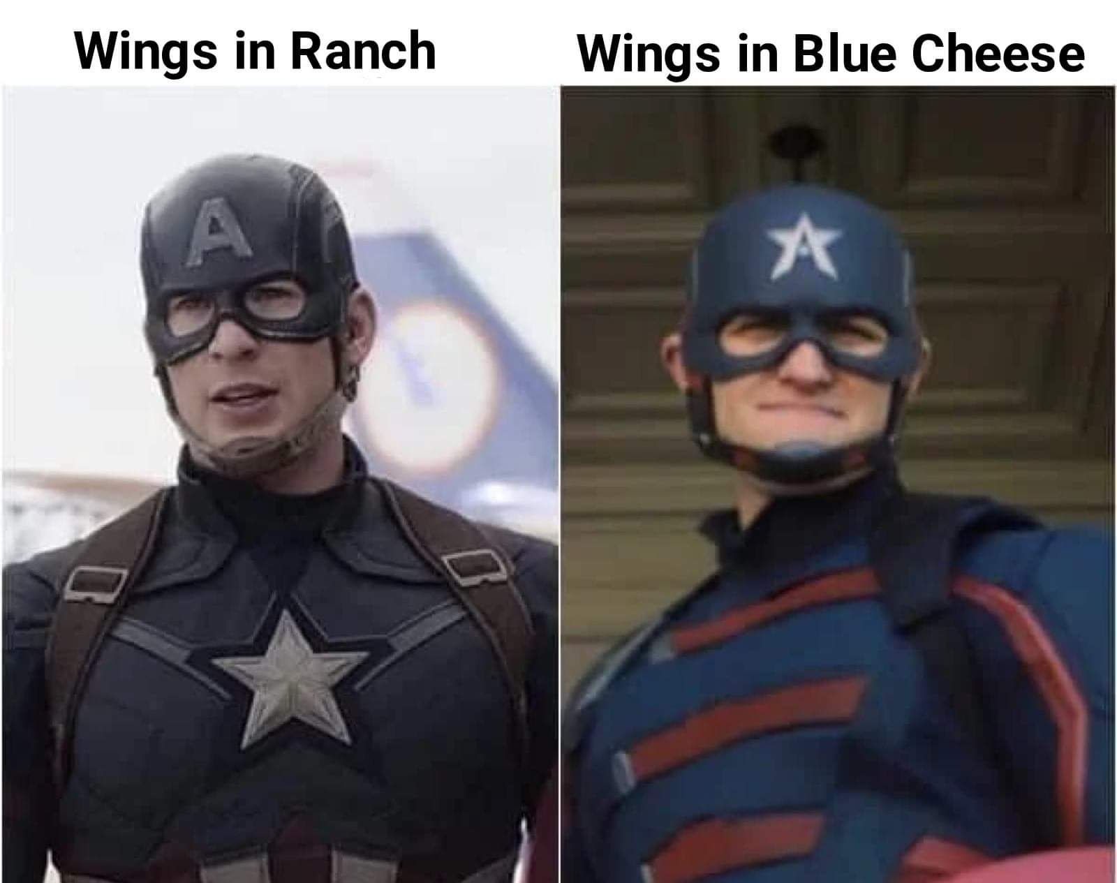 Wallpaper #50Vjn44B7YBJg1BV9qIi8 The Best Seo-Friendly One-Line Title for This Image is "meme Comparing Captain America and Us Agent with Text Wings in Ranch and Wings in Blue Cheese."