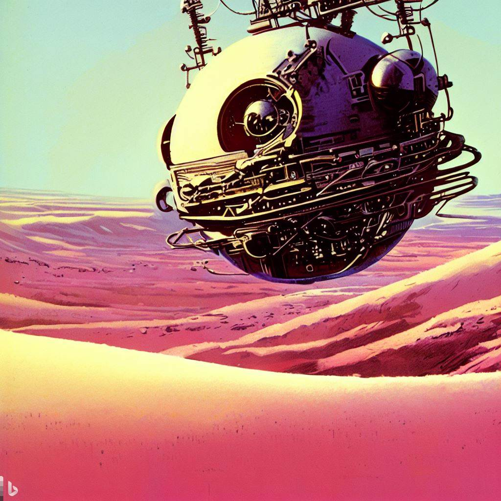 Wallpaper #KWch-ZIBSpphPi3-vozd46 A Mechanical Sphere Floating Over a Pink Desert 1970s Sci Fi