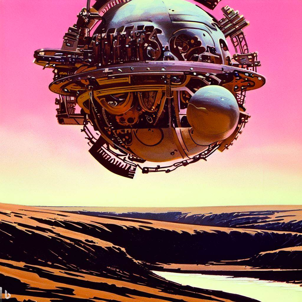 Wallpaper #KWch-ZIBSpphPi3-vozd21 A Mechanical Sphere Floating Over a Pink Desert 1970s Sci Fi