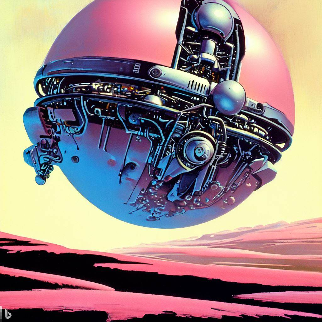 Wallpaper #KWch-ZIBSpphPi3-vozd36 A Mechanical Sphere Floating Over a Pink Desert 1970s Sci Fi