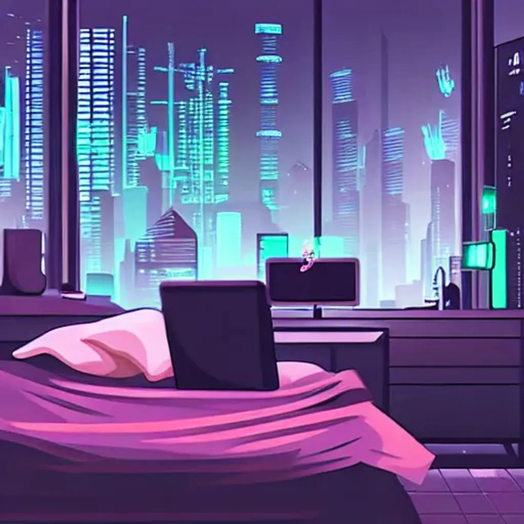 Wallpaper #rGf2-pIBSpphPi3-35I2291 Cyberpunk Room Messy Bed Computer in Corner City Openart