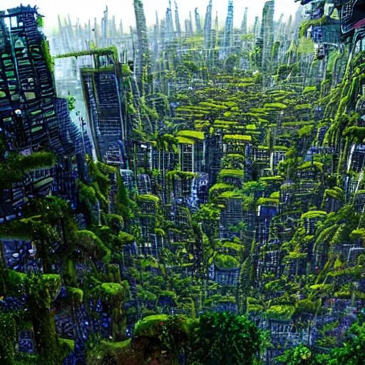 Wallpaper #v5yx4ZIBZHQxiYar0bzY336 A Cyberpunk Style City Over Taken by Moss and Vines Openart