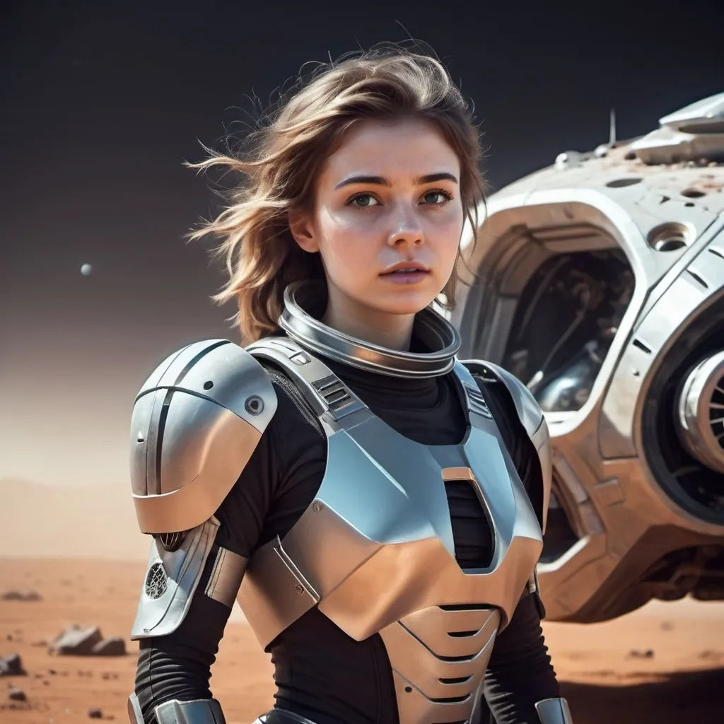 Wallpaper #uPu7hJcBx-Hc5Y20Wq__92 Young Woman in Space Armor on Dusty Planet Trying to