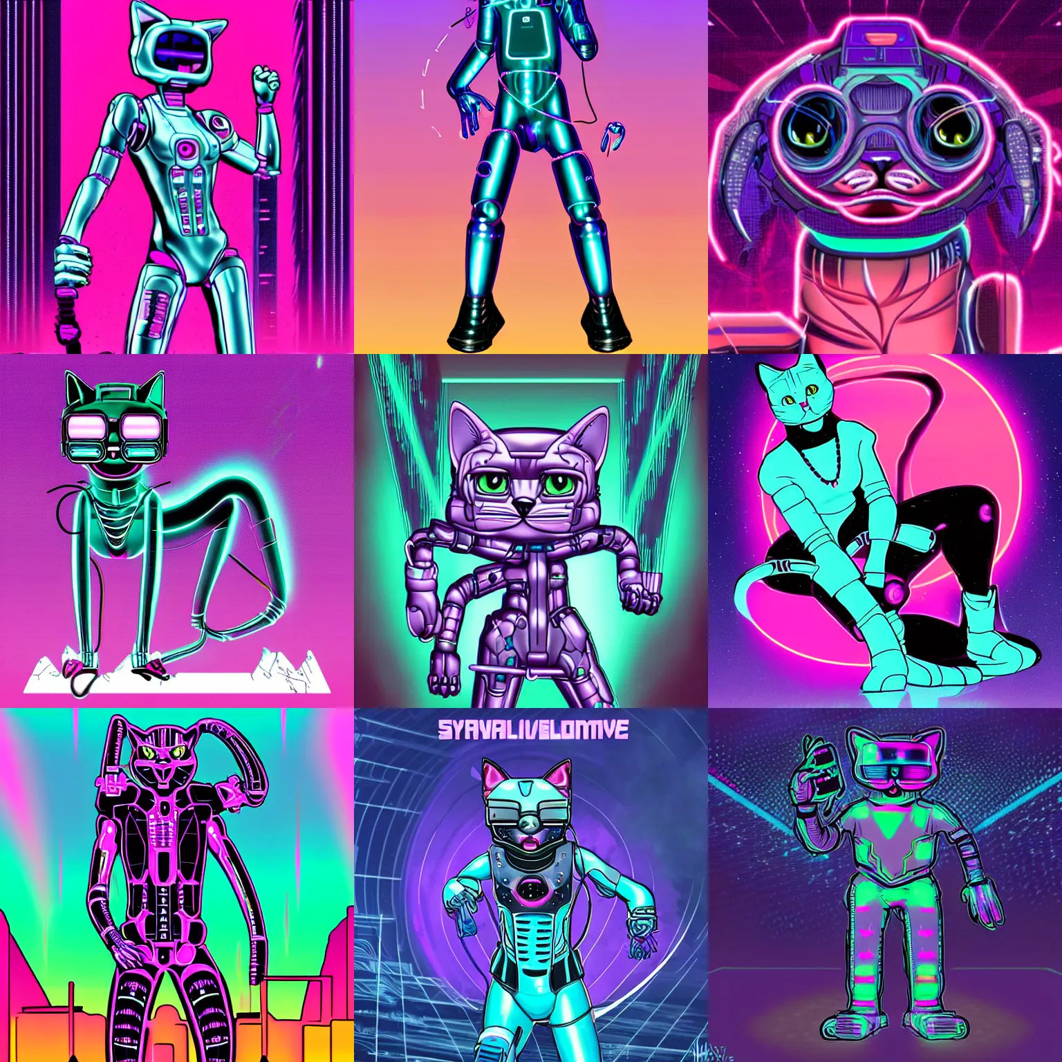Wallpaper #w2h0G5MBSpphPi3-2R9s231 Synthwave Cat with Cybernetic Limbs Stable Diffusion Openart