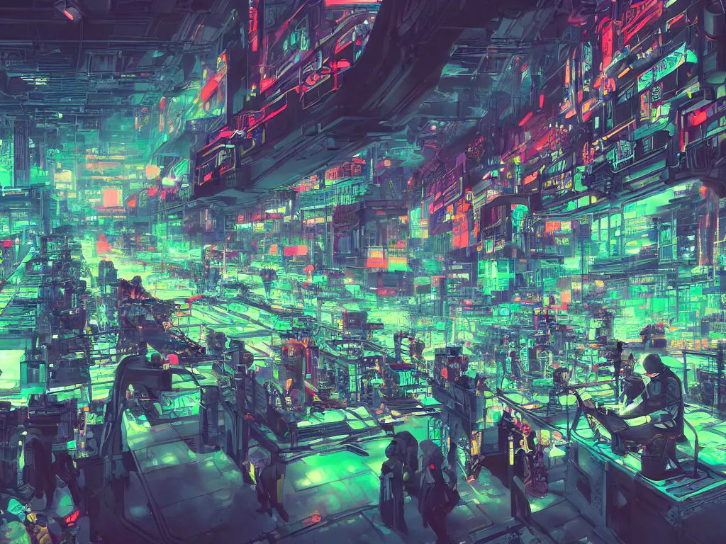 Wallpaper #SBnnHo8BtGB6xQ78kHoW46 Cyberpunk Factory Filled with Drone Workers Busy Stable Diffusion