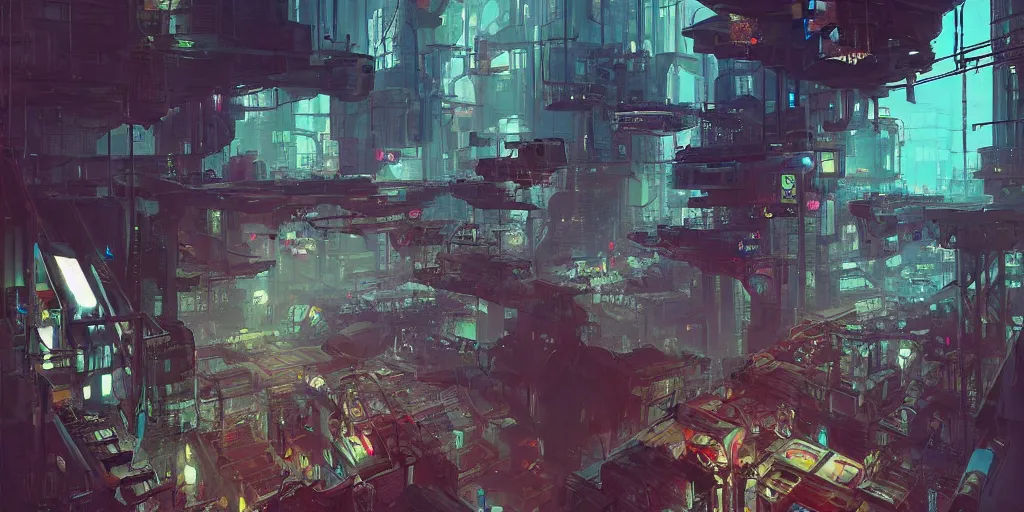 Wallpaper #0me05ZIBSpphPi3-HTBe75 Concept Art of a Cyberpunk Factory Filled with Drone Stable Diffusion