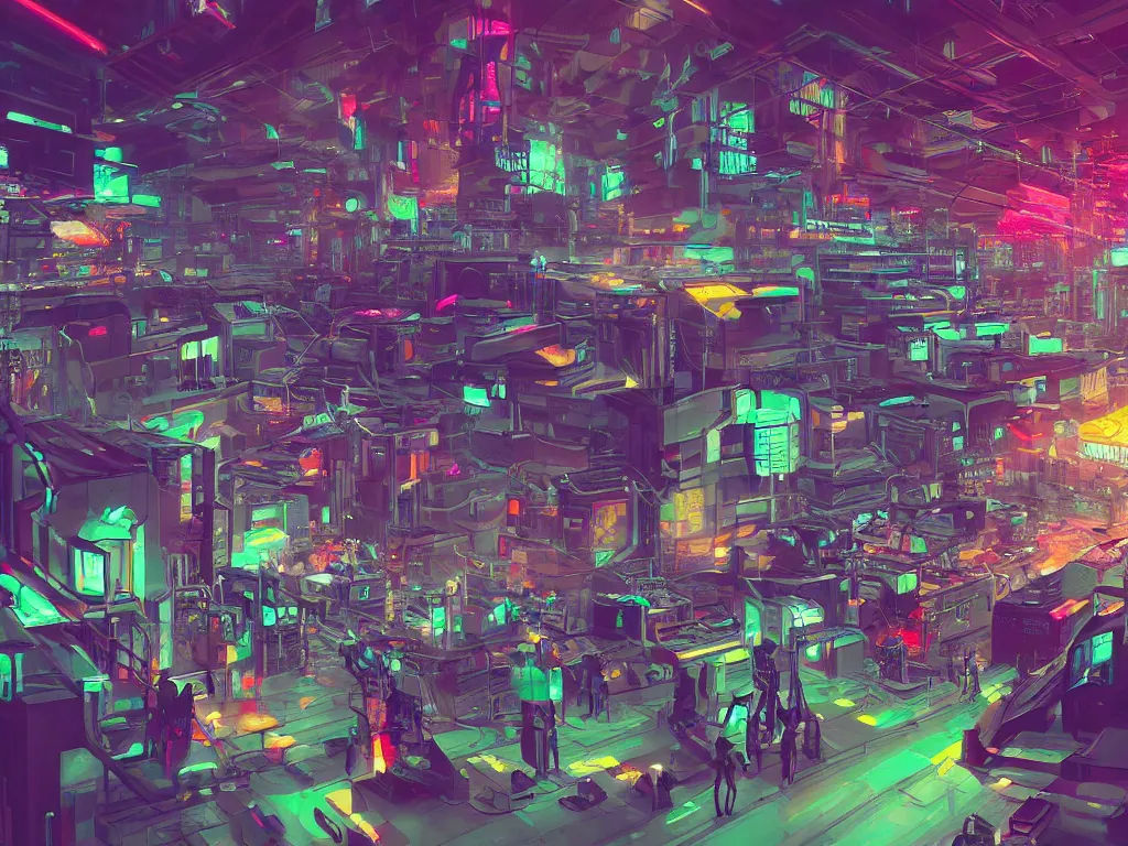 Wallpaper #SBnnHo8BtGB6xQ78kHoW45 Cyberpunk Factory Filled with Drone Workers Busy Stable Diffusion