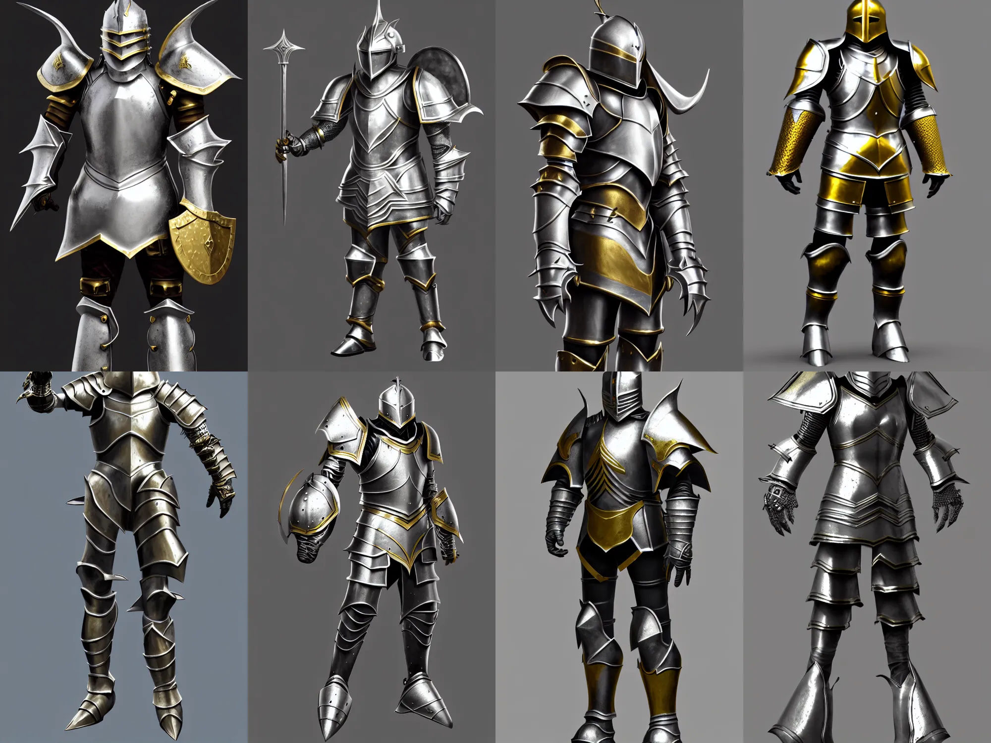 Wallpaper #4ljPNJMBzN9vxX34PT2S280 Render of Fantasy Knight Armor Silver with Gold Trim Stable Diffusion