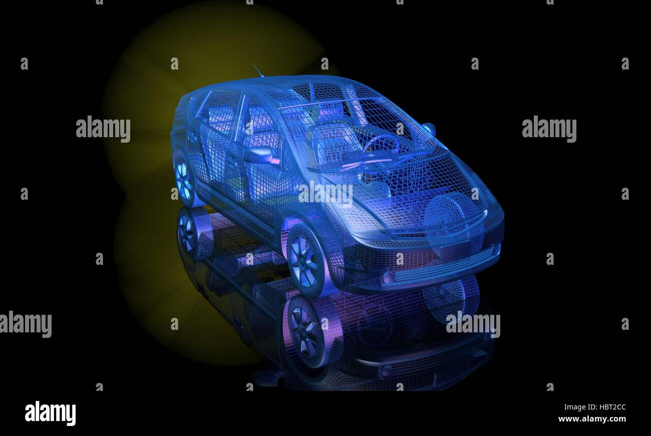 Wallpaper #kWidIpMBSpphPi3-uDN4152 3D Render of Wire Frame Blue Electric Car Front Side View Stock